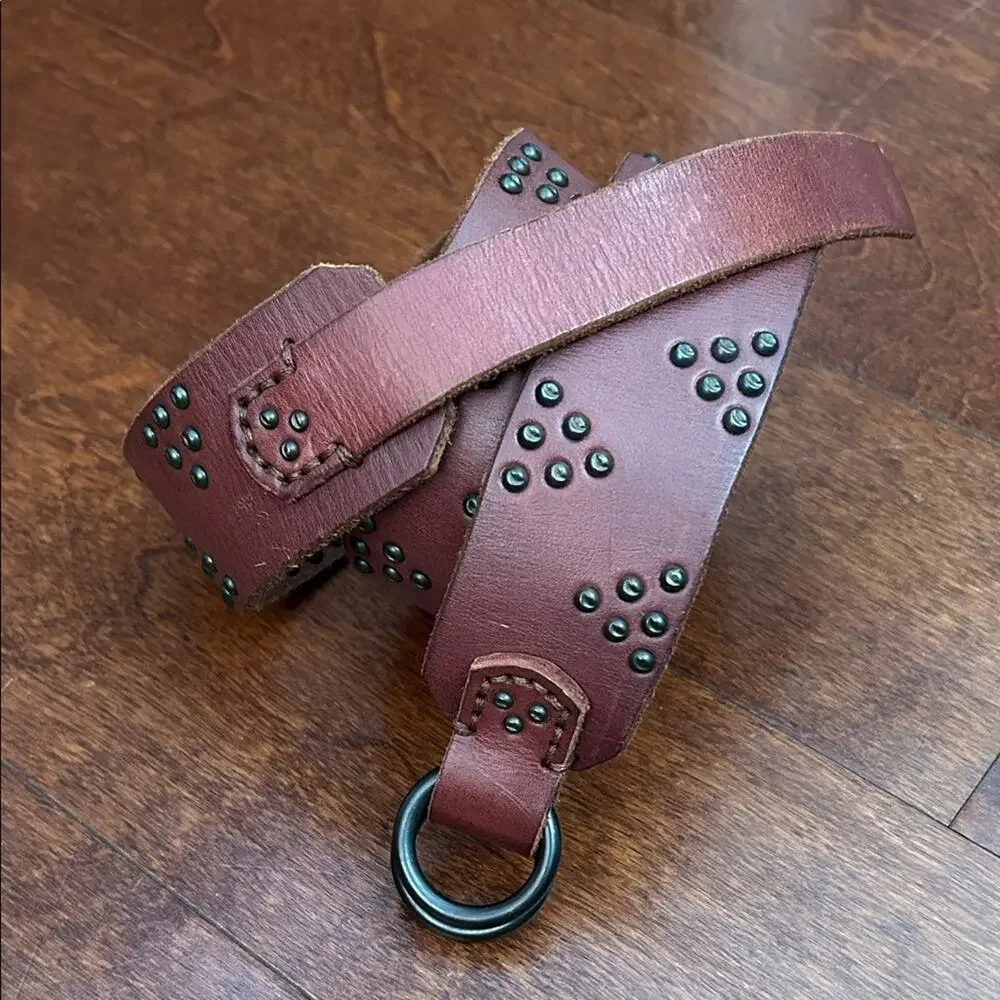 Western Boho Thick Brown Leather Belt with Stud Accents, D Ring Closure